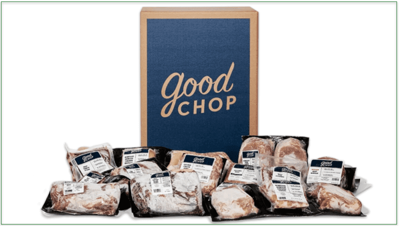 A Good Chop box and a selection of Good Chop meats and seafood
