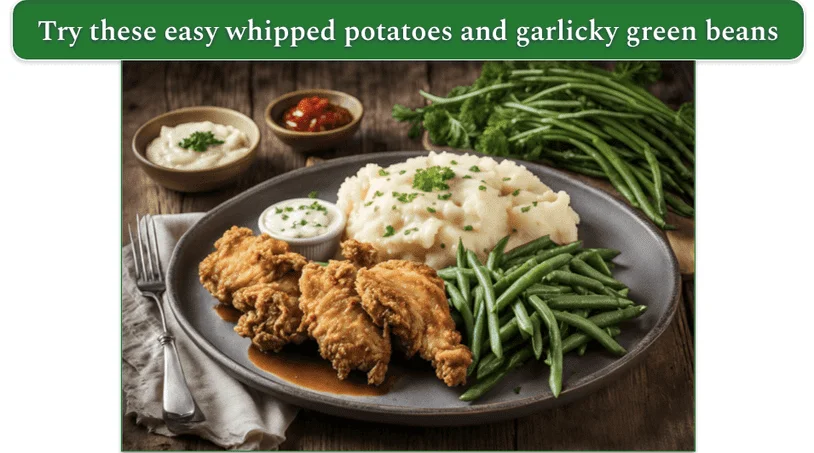 a plate of fried chicken, green beans, and whipped potatoes on a wooden table