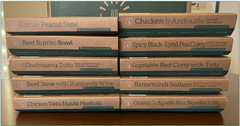 Image with 10 different BistroMD meals stacked on top of each other