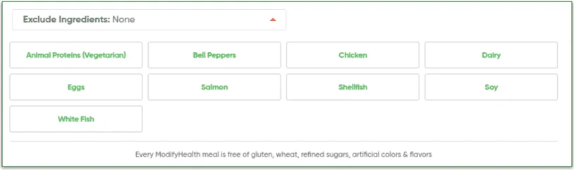 A screenshot of ModifyHealth's Allergies and Preferences Filter