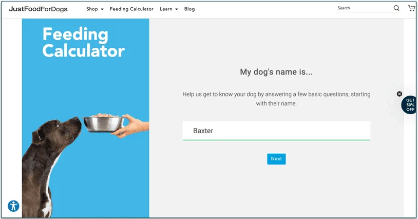 Screenshot of the first page of JustFoodForDog’s feeding calculator