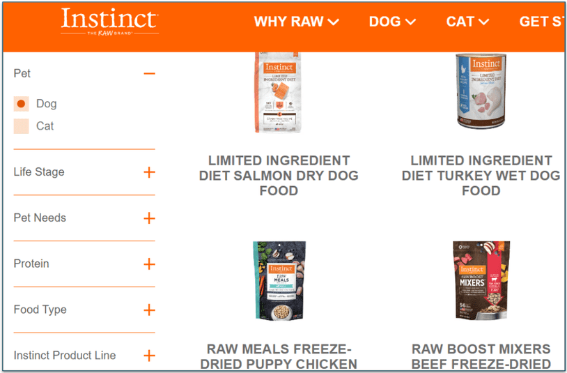 Instinct's All Dog Products page