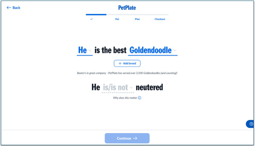 first stage of PetPlate's quiz