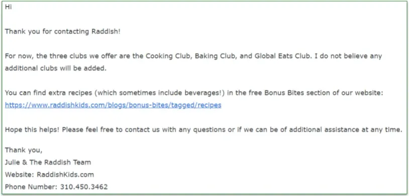 Raddish Kids customer service's response