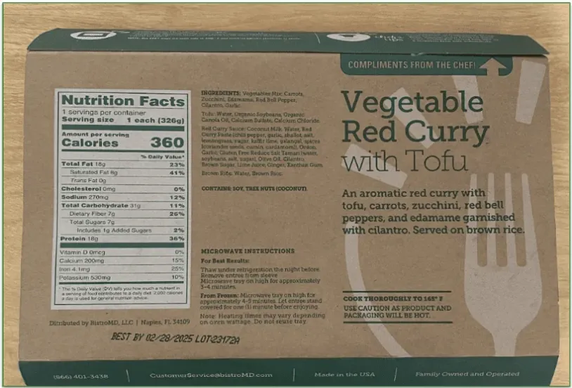 Photo of BistroMD's Vegetable Red Curry meal packaging showing the nutrition facts and full ingredient list