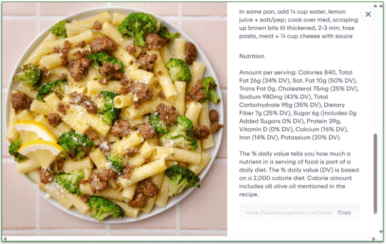 Nutritional information for the Lemony Sausage and Broccoli Pasta recipe