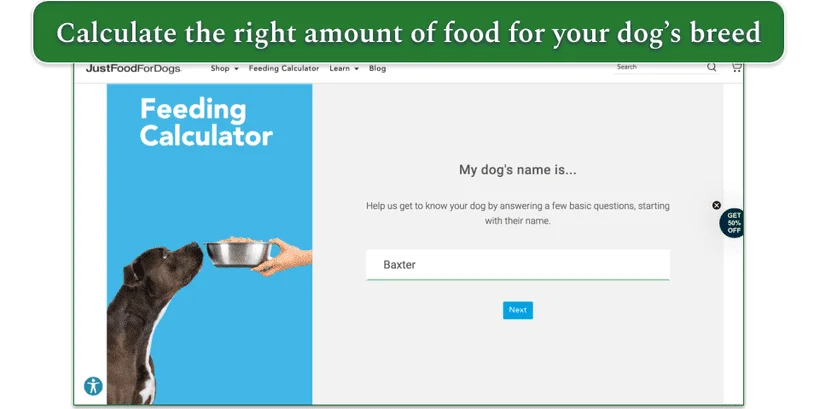 Screenshot of the first page of JustFoodForDog’s feeding calculator