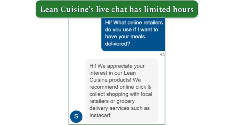 Screenshot of live chat asking about how to get Lean Cuisine meals delivered