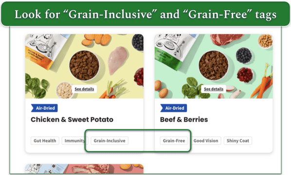 The Pets Table Air Dried meals menu with grain-related tags highlighted