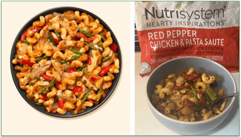 Nutrisystem's image of the Red Pepper Chicken and Pasta Sauté next to a photo of the dish served in a bowl placed in front of the packaging