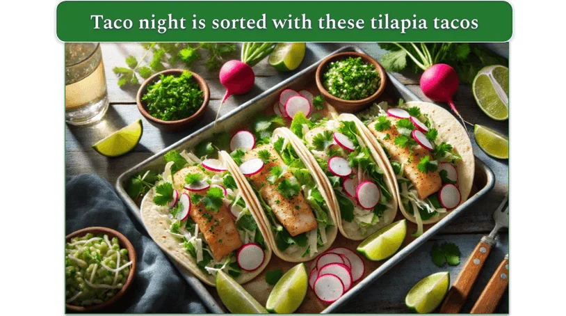 Tilapia tacos garnished with radish and lime on a serving platter