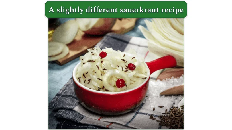 Bavarian sauerkraut served in a red bowl