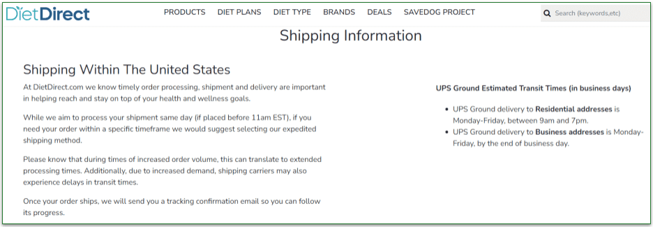 Diet Direct's shipping information page