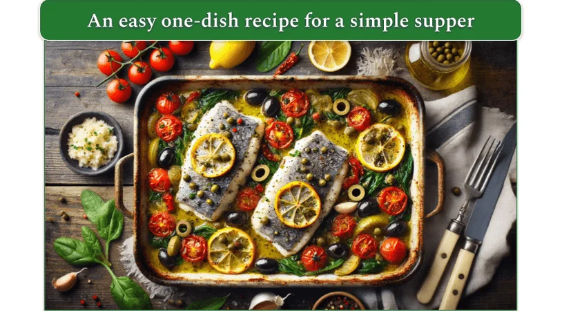 A baking dish with a Mediterranean-style rockfish dish