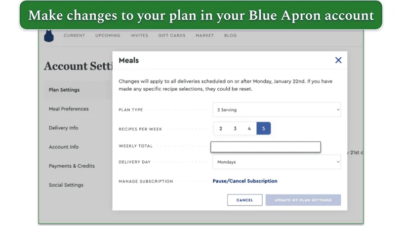 Blue Apron's account settings page