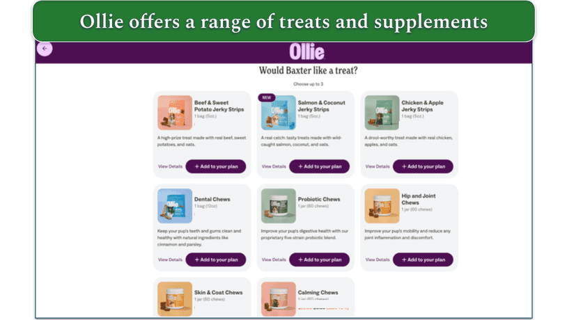 screenshot of Ollie treats and supplements add-on page