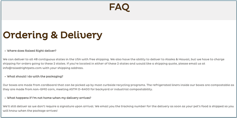 Raised Right's FAQ page