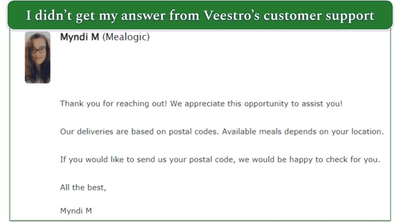 Screenshot of email reply from Veestro explaining meals vary depending on location