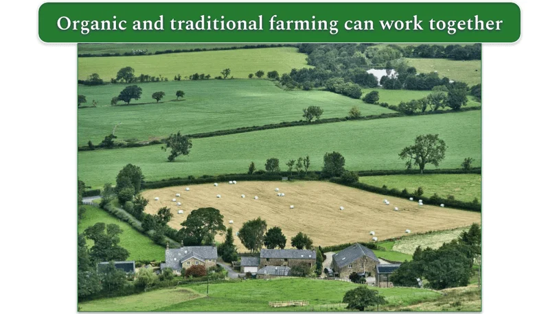 an image of a farm with some buildings in the foreground