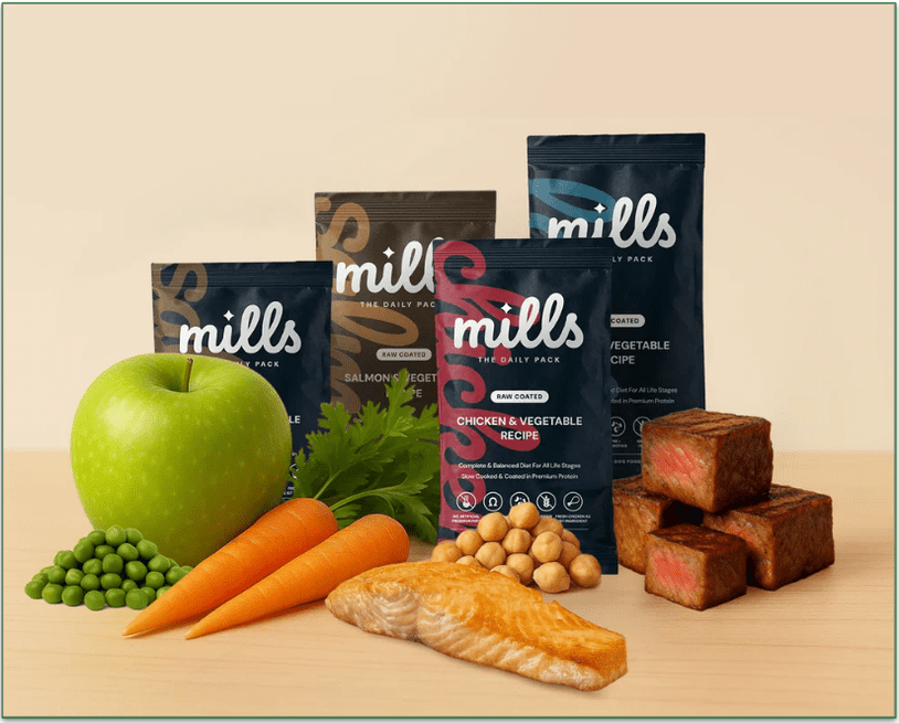 Selection of Mills Daily Packs in different sizes surrounded by fresh ingredients
