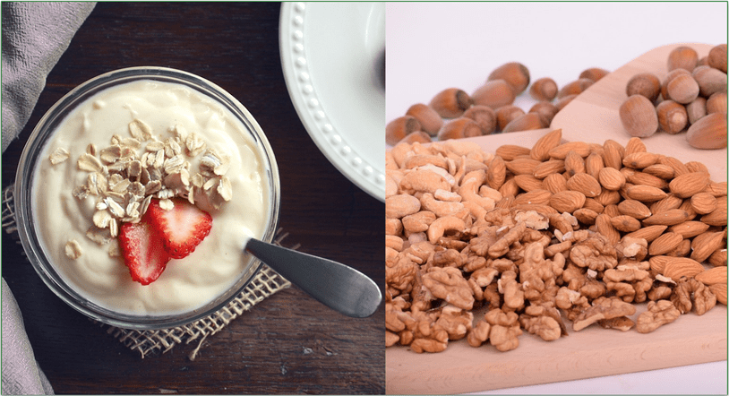 Greek yogurt with oats and a variety of nuts