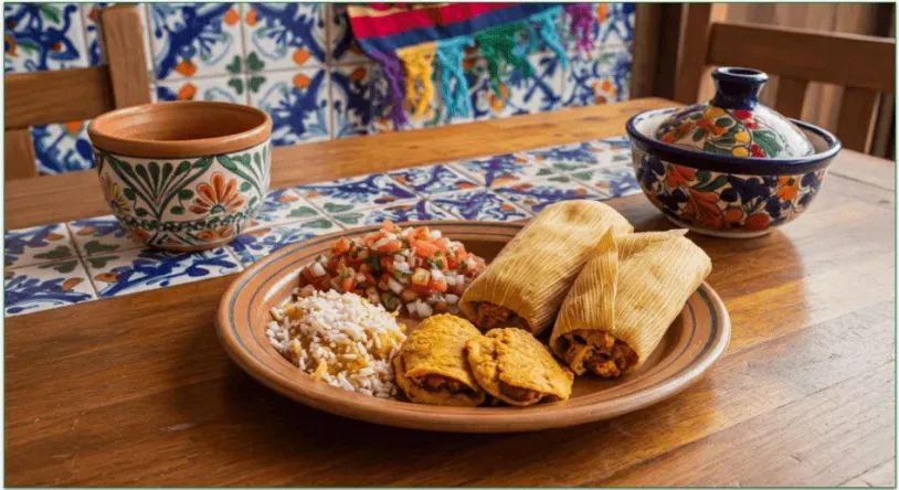 A plate of rice, pico de gallo, and tamales on the table.