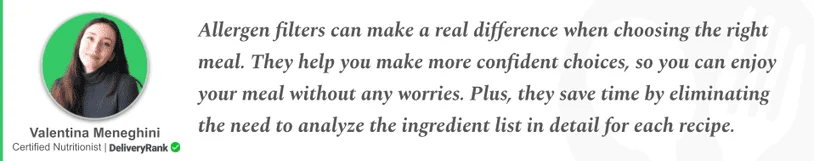 Quote from DeliveryRank's nutritionist about allergen filters