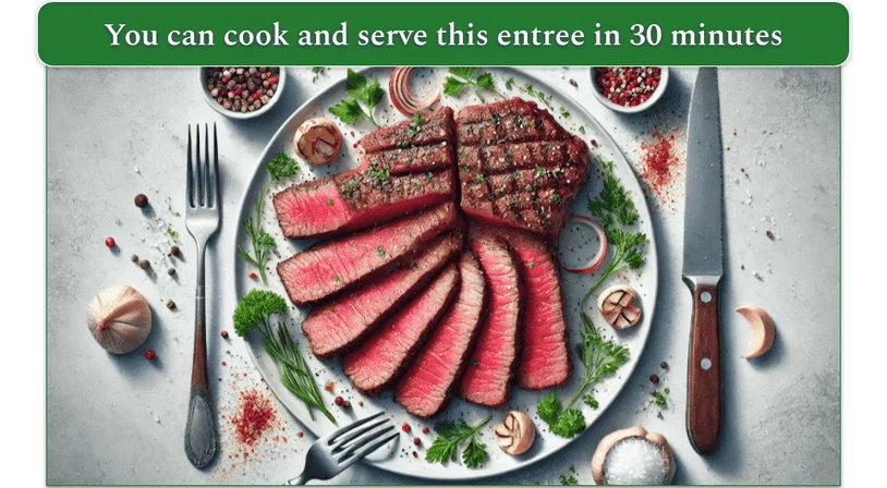 Broiled flank steak served on a plate with various spices and greens for decoration.