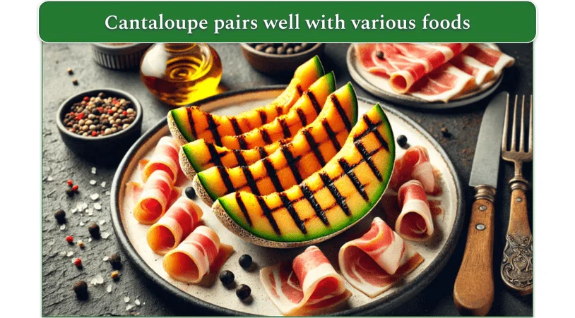 An image of a grilled cantaloupe with bacon and black peppercorns on a plate.