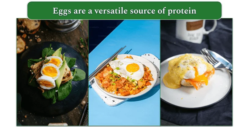 Multiple photos of various egg dishes