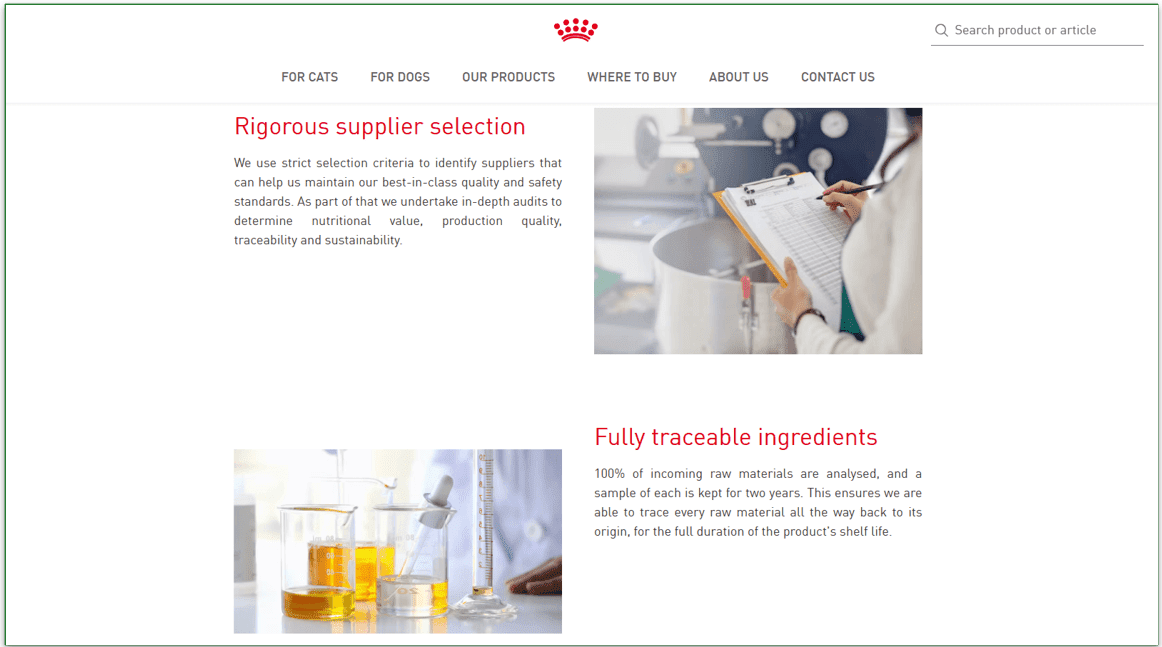 Screenshot of Royal Canin's page detailing supplier selection and traceable ingredients