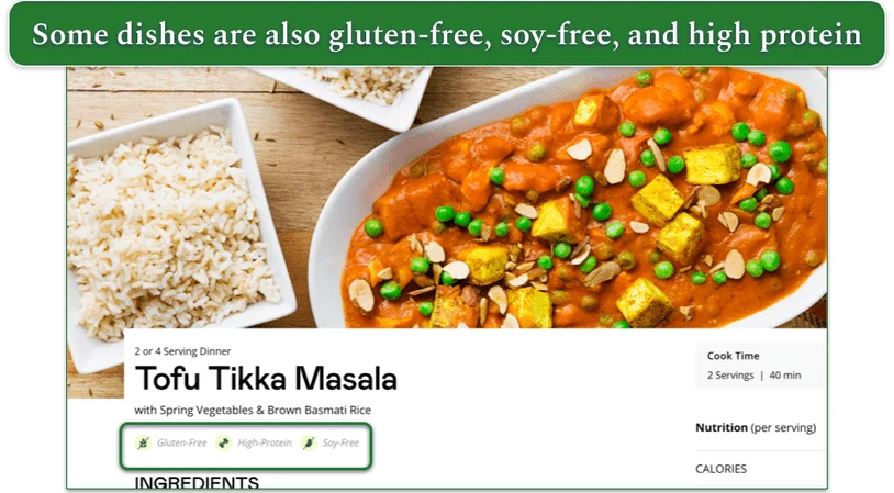 Screenshot of Purple Carrot’s Tofu Tikka Masala with tags highlighted