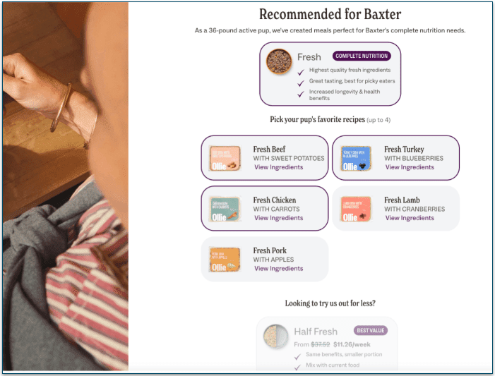 Ollie's plan suggested for Baxter with Fresh highlighted