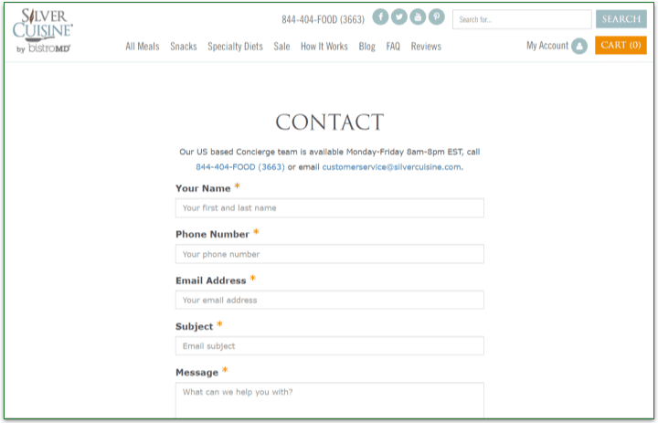 Silver Cuisine's Contact page