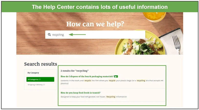 Screenshot of how to use Home Chef's FAQ