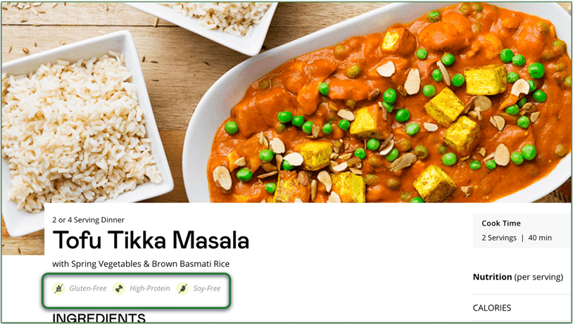 Screenshot of Purple Carrot’s Tofu Tikka Masala with tags highlighted