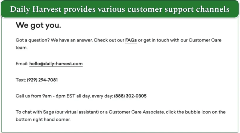 Screenshot displaying multiple customer service channels offered by Daily Harvest, including phone, email, and live chat options.