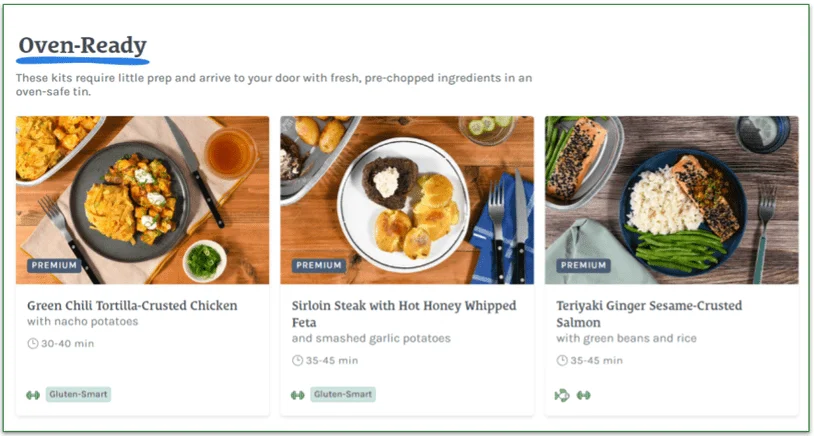 Screenshot of Home Chef's Premium dishes in the Oven-Ready section of the menu