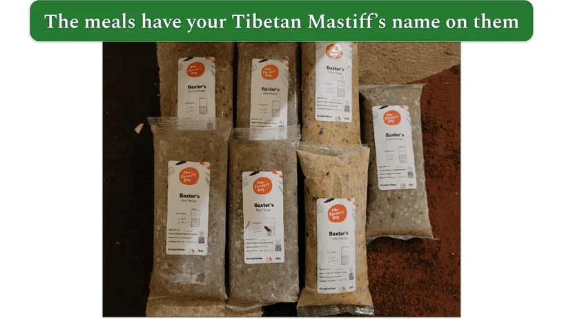 The Farmer’s Dog packaged meals labeled with Baxter’s name