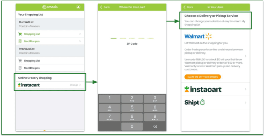screenshot of selecting a grocery delivery service on eMeals app