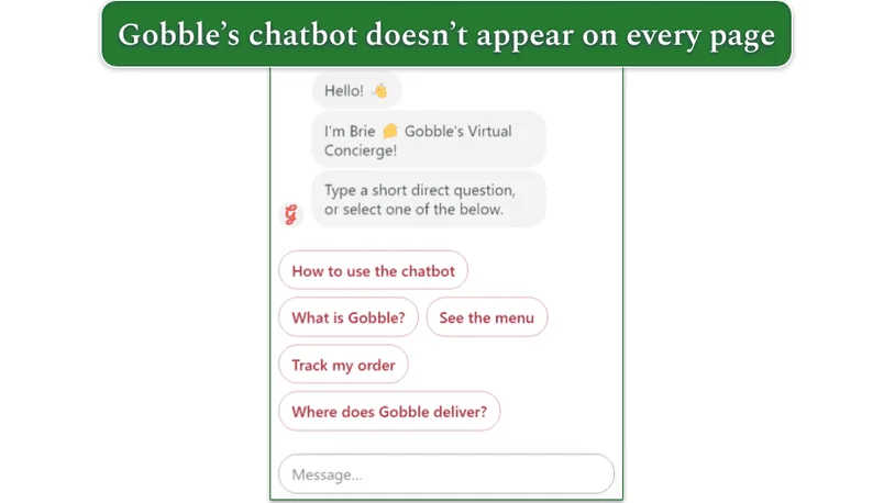 Screenshot of Gobble's chatbot offering options including order tracking and how to use the chatbot
