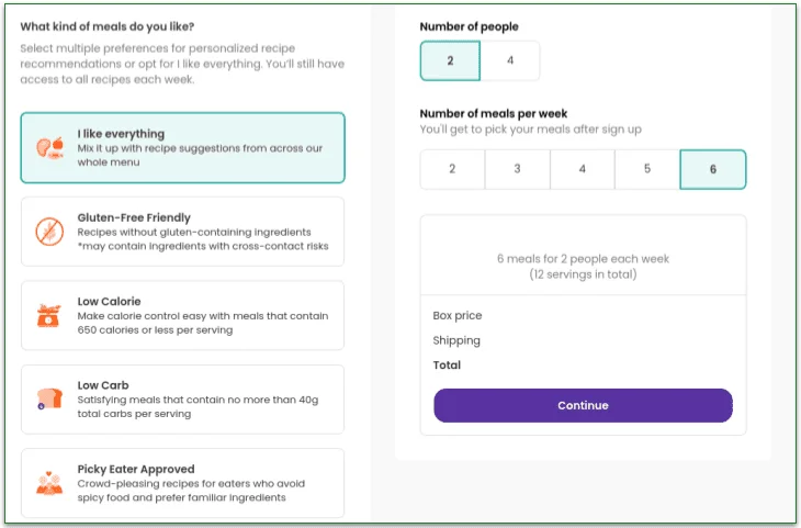 Screenshot of Dinnerly's select a box screen of the sign up process