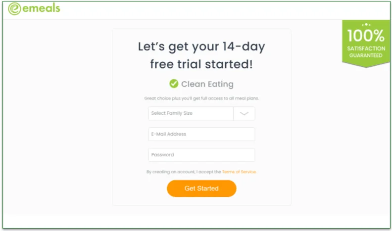 eMeals' 14-day free trial screen
