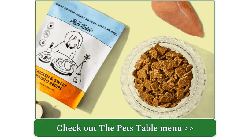 The Pets Table air-dried Chicken & Sweet Potato recipe in its packaging and on a plate
