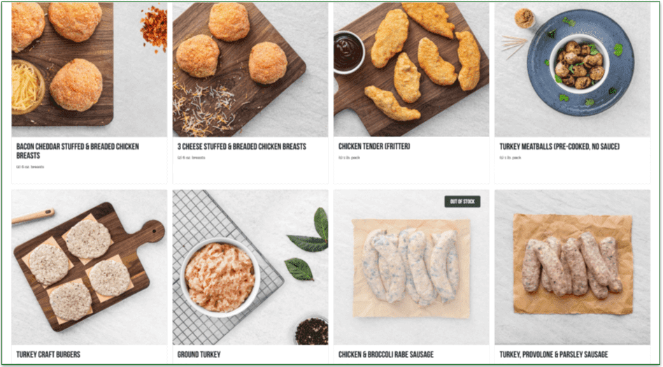 screenshot of Rastelli's chicken variations like breaded patties and tenders, meatballs, and sausages.