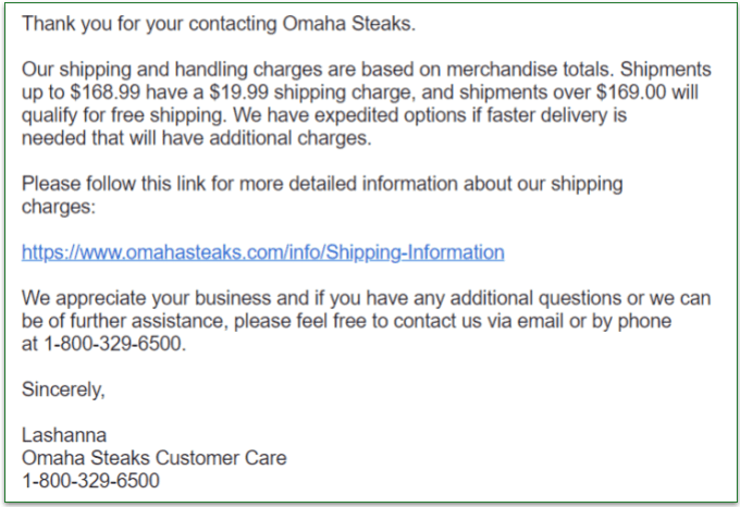 An automated response from Customer Support