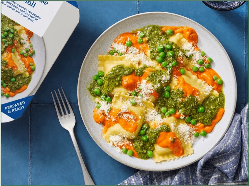 a screenshot of a plate of four-cheese ravioli from blue apron