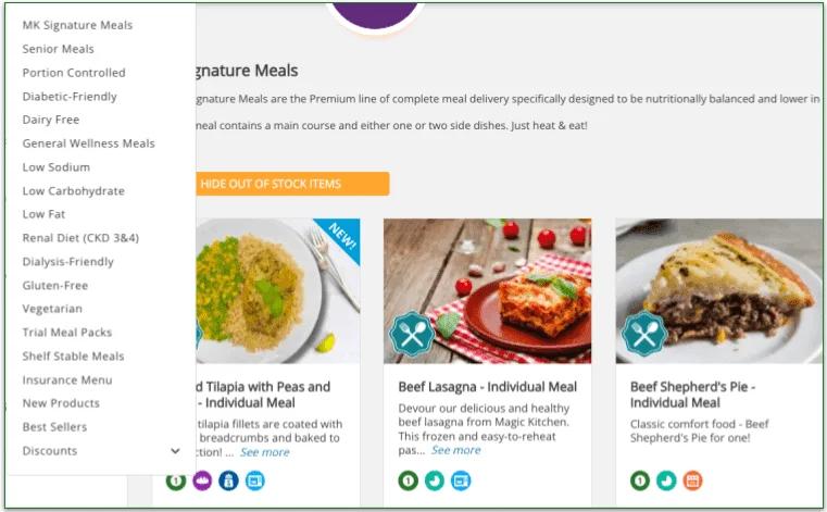 Screenshot of Magic Kitchen's meal filters