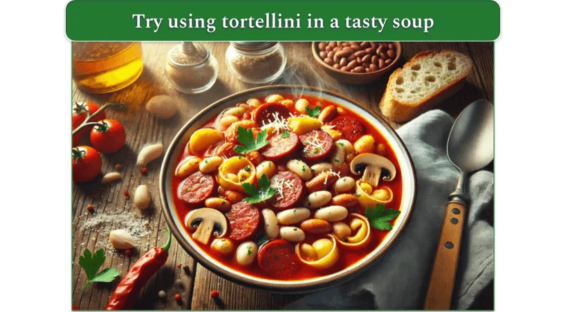 Sausage & Bean Tortellini soup served in a bowl
