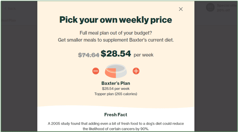 Screenshot of The Farmer's Dog budget plan pricing options